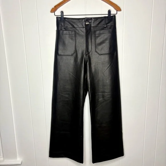 Maeve Anthropologie Black Colette Faux Leather Crop High-Rise Wide Leg Pants 29 - Picture 2 of 6